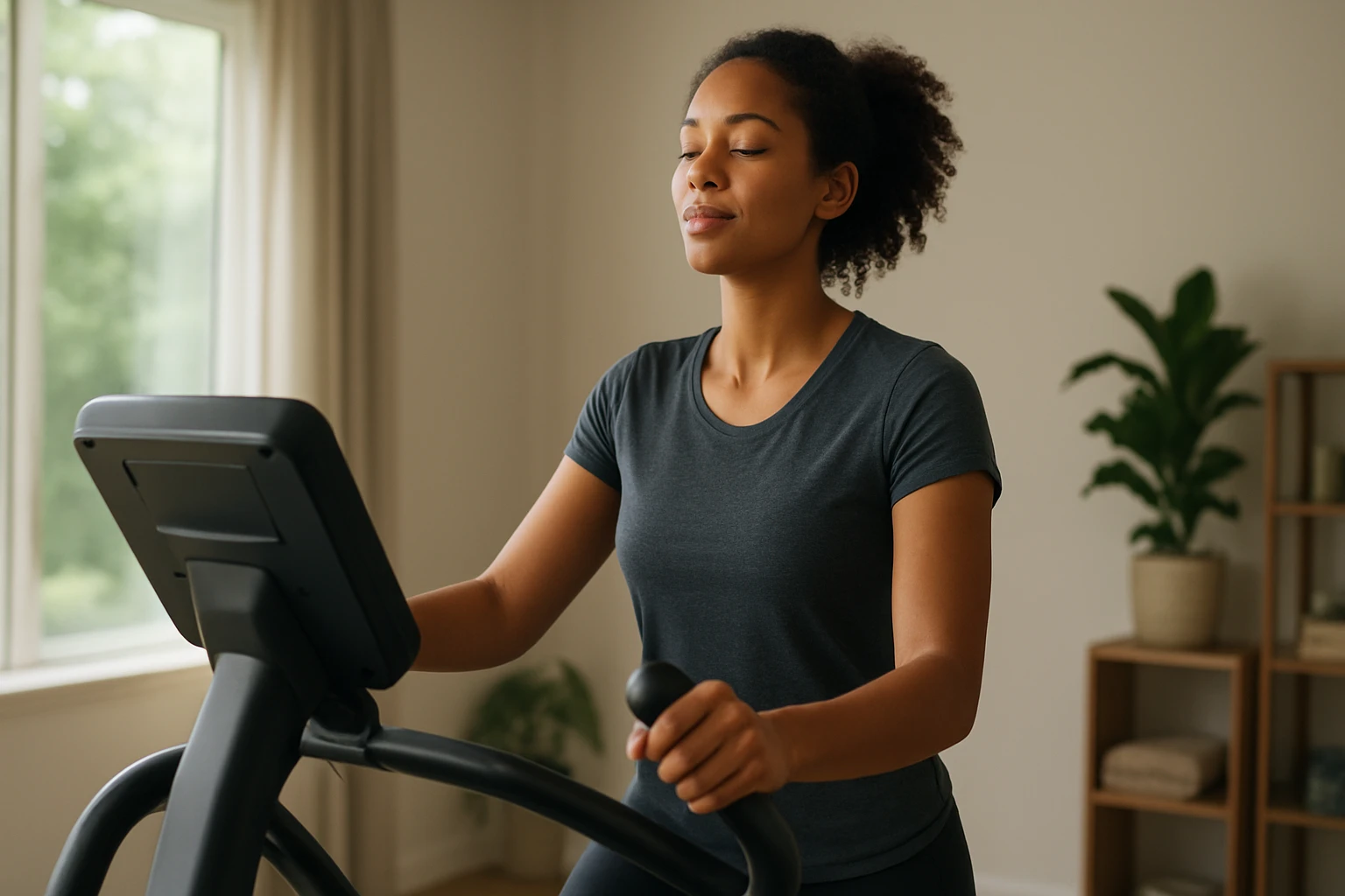 Žena cviči na eliptickom trenažéri s úsmevom a zatvorenými očami.