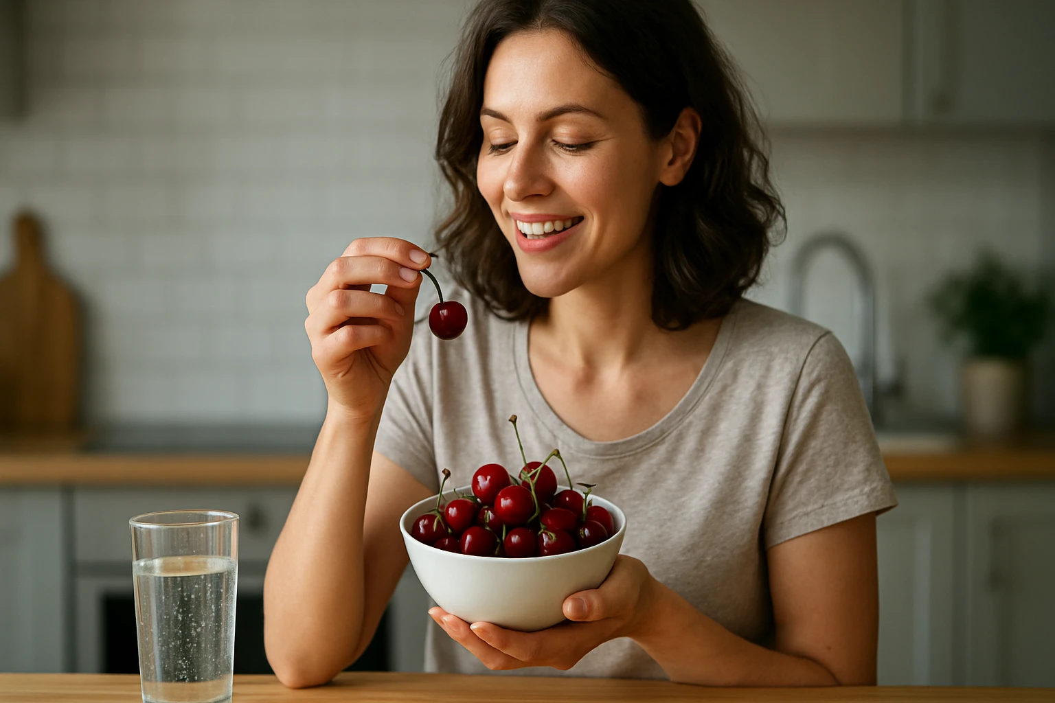 Žena vychutnávajúca si čerešne v kuchyni, posilňujúca svoje zdravie.