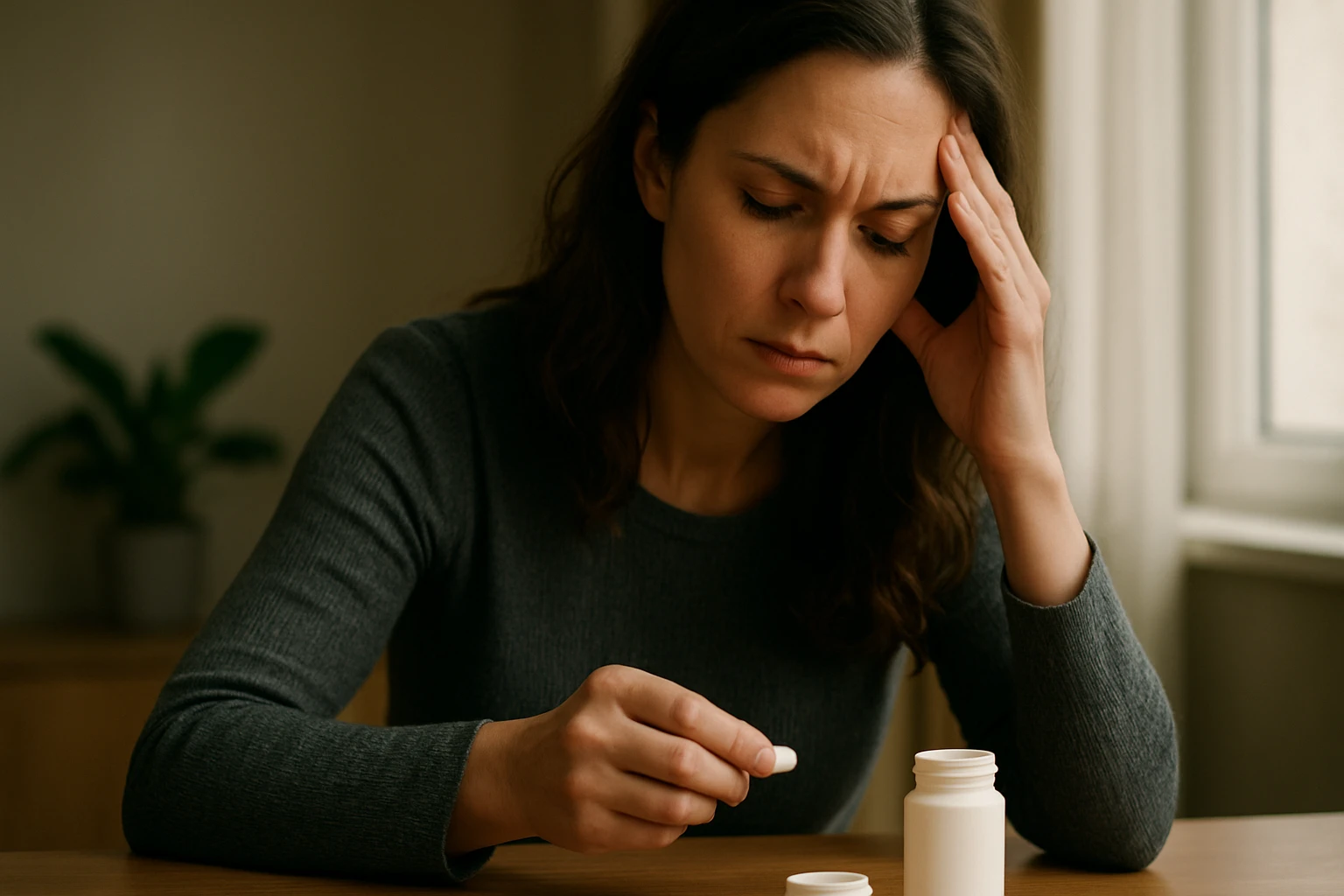 Žena s úzkosťou upiera pohľad na tabletku klonazepamu.