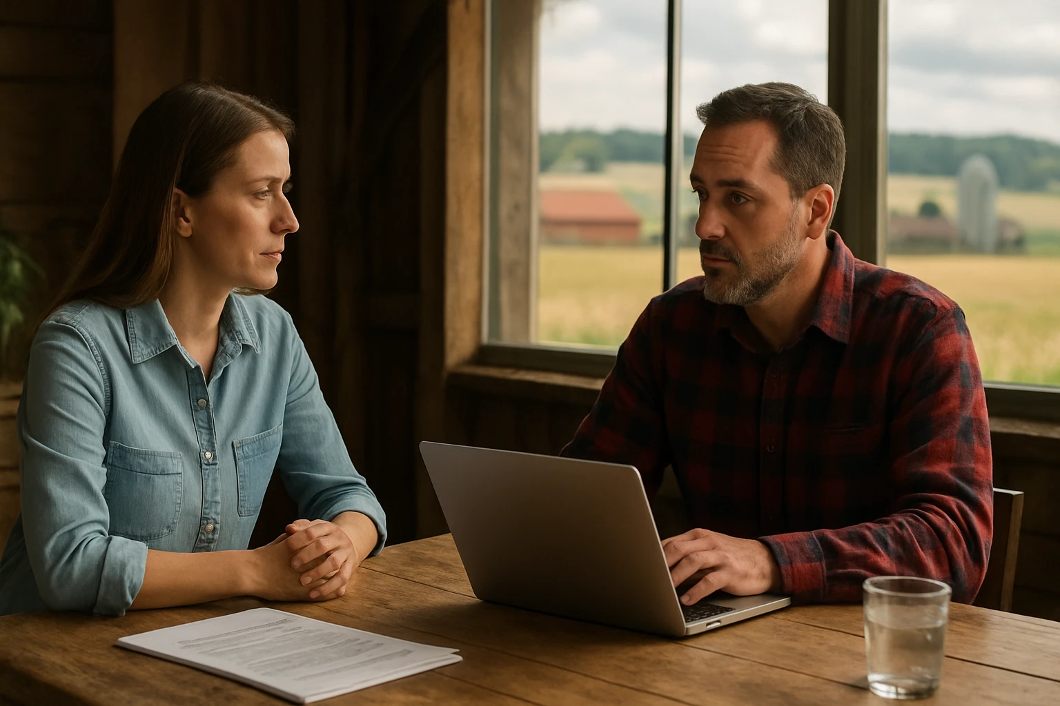 Dve osoby diskutujú o vidieckom trhu práce s laptopom a dokumentmi.