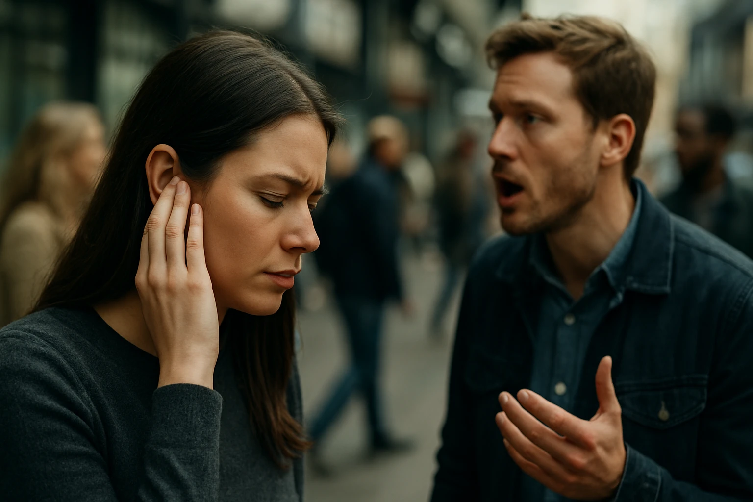 Žena si zakrýva uši pred hlukom, muž gestikuluje a rozpráva.