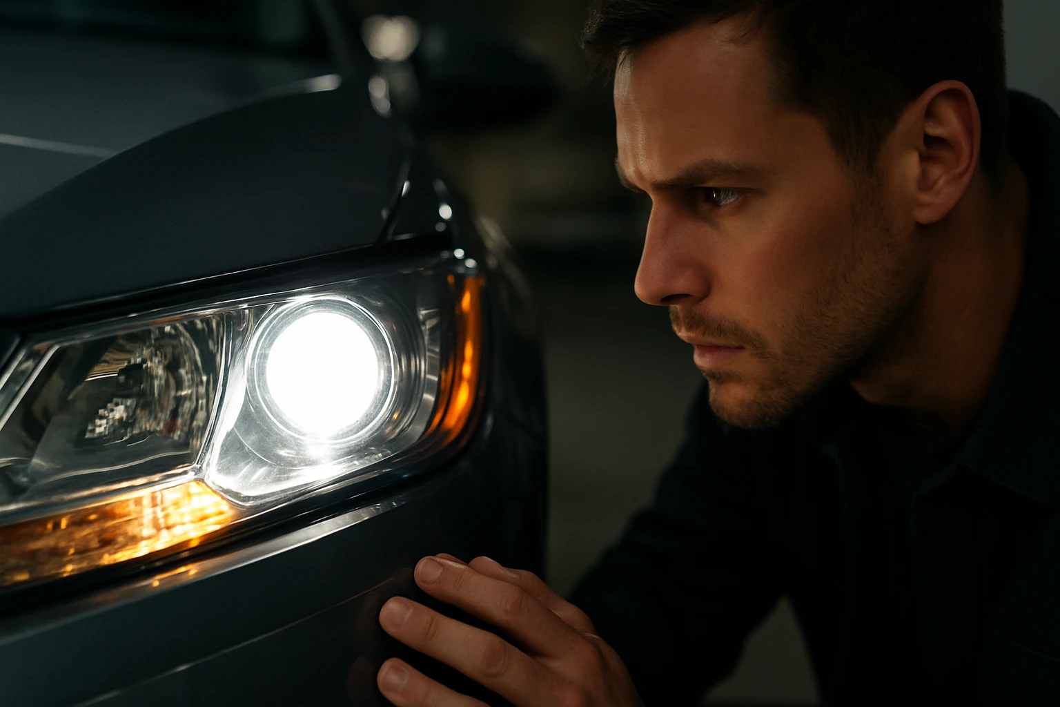 Muž kontroluje bi-xenónové svetlomety na automobile.