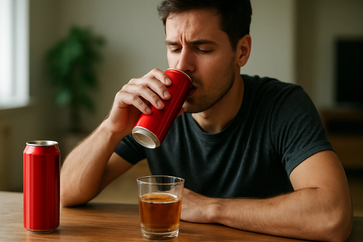 Muž pijúci energetický nápoj z červenej plechovky pri stole.