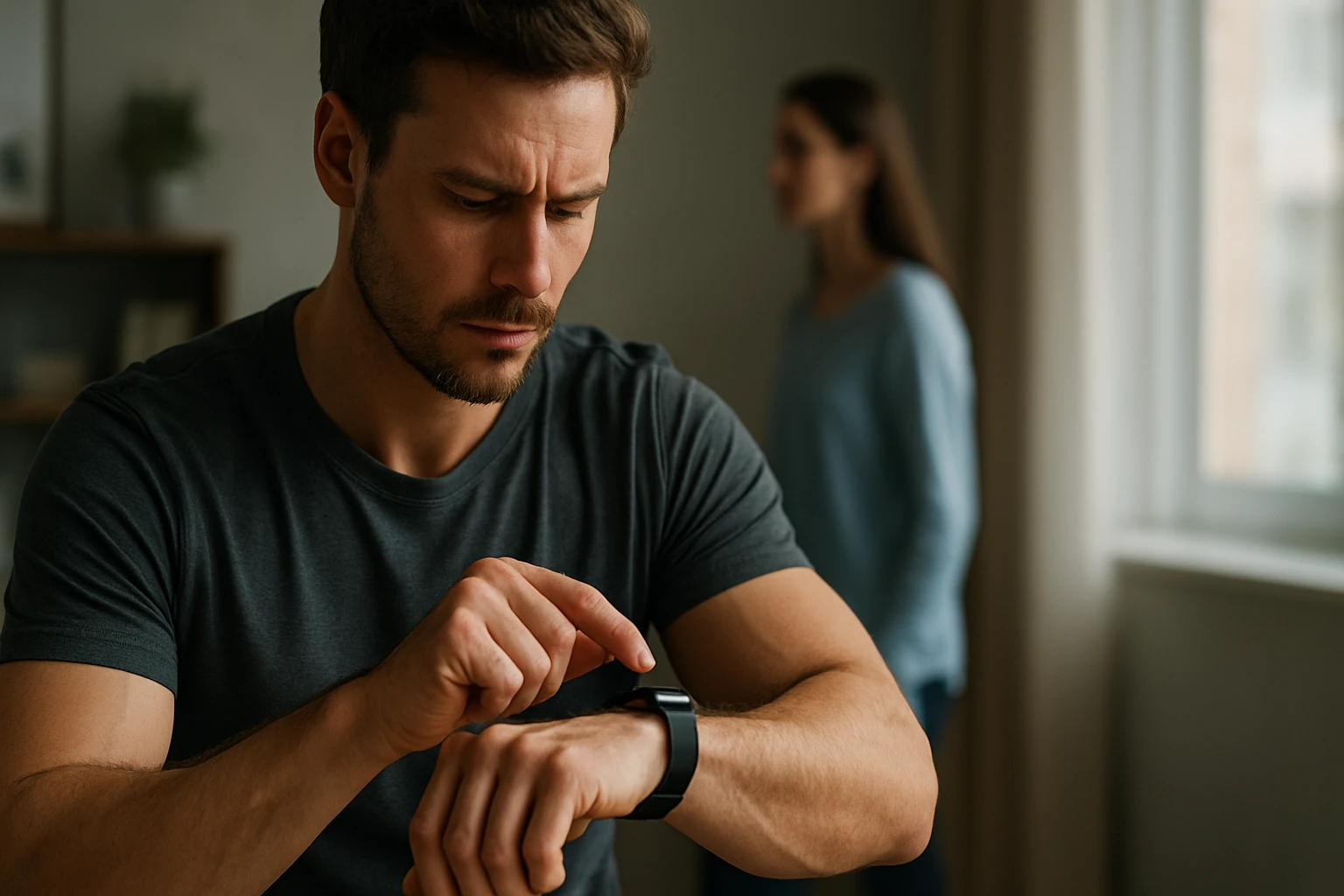 Muž kontroluje inteligentné hodinky v interiéri