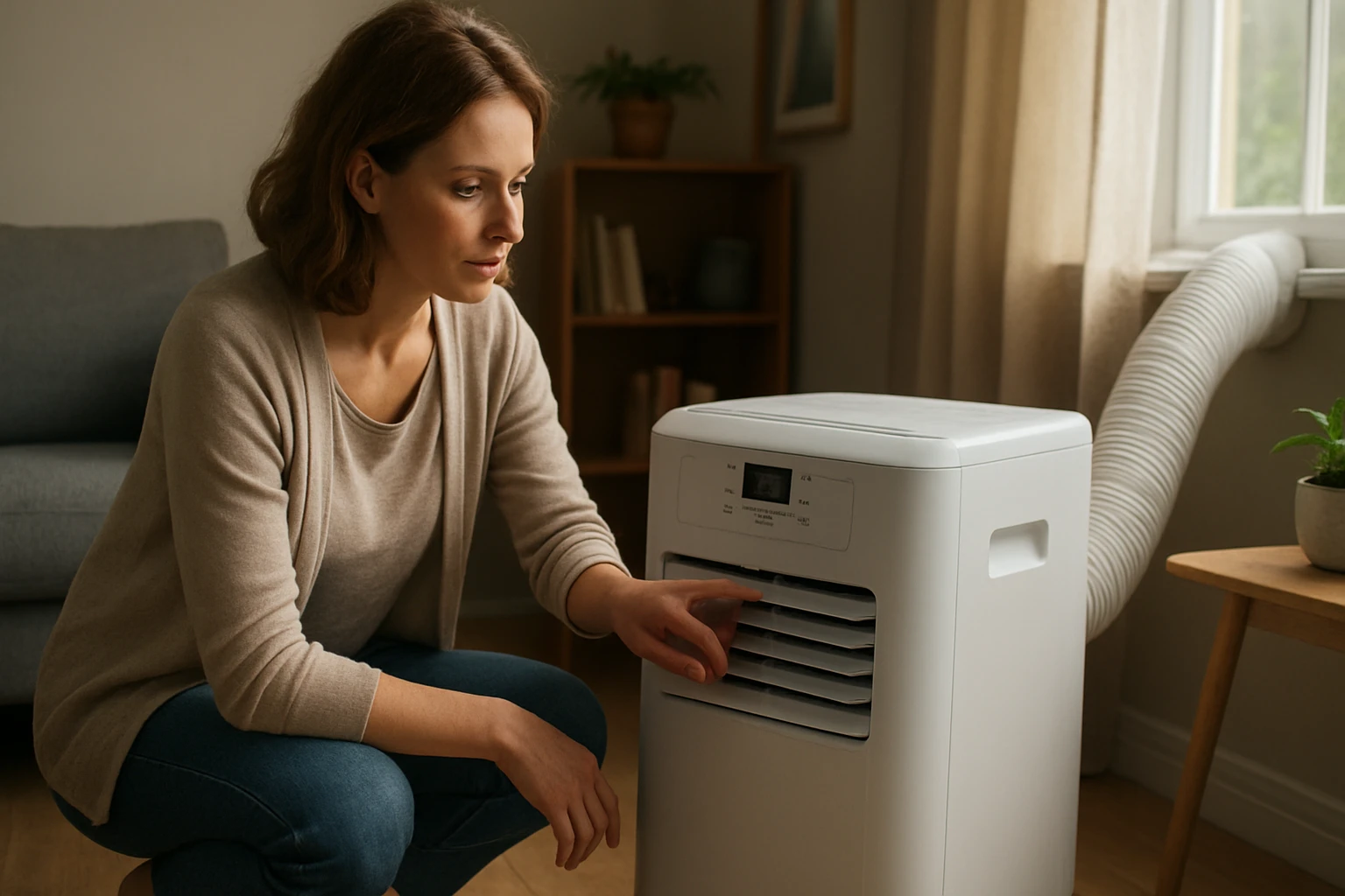 Žena nastavuje mobilnú klimatizáciu Orion v obývacej izbe.