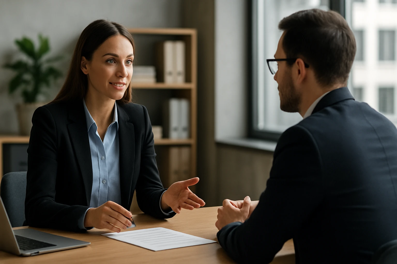 Žena vedie pracovný pohovor s mužom v kancelárii.