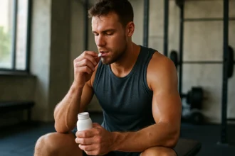 Muž berie magnézium na zlepšenie športového výkonu a svalov.