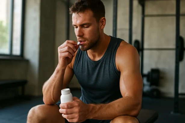 Muž berie magnézium na zlepšenie športového výkonu a svalov.