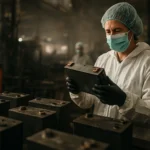 Pracovník v ochrannom oblečení kontroluje výrobu batérií v závode.