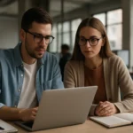 Mladý pár pracuje na notebooku, skúma IT pozície pre začiatočníkov.