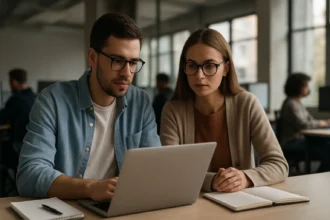 Mladý pár pracuje na notebooku, skúma IT pozície pre začiatočníkov.