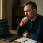 Muž programuje na laptopu s poznámkovým blokom na stole.