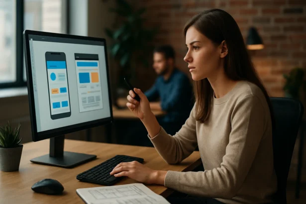 Žena pracujúca na UX/UI dizajne pri počítači v kancelárii.