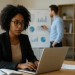 Žena sa afro vlasmi pracuje na laptope počas prezentácie v kancelárii.