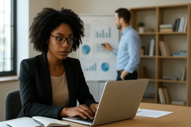 Žena sa afro vlasmi pracuje na laptope počas prezentácie v kancelárii.