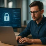 Odborník na kybernetickú bezpečnosť pracujúci na počítači.