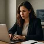 Žena v obleku pracuje na laptopu, pripravuje sa na kariéru AI Prompt Engineer.