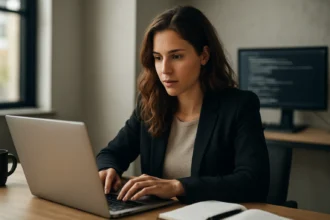 Žena v obleku pracuje na laptopu, pripravuje sa na kariéru AI Prompt Engineer.
