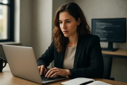 Žena v obleku pracuje na laptopu, pripravuje sa na kariéru AI Prompt Engineer.