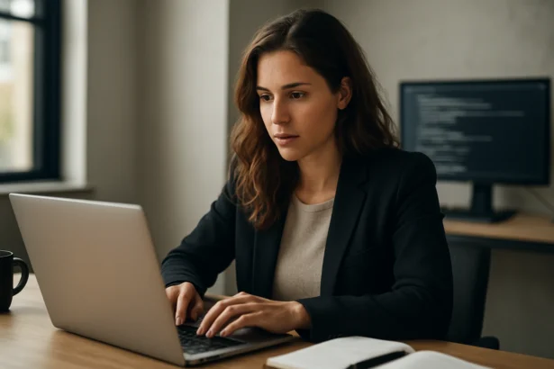 Žena v obleku pracuje na laptopu, pripravuje sa na kariéru AI Prompt Engineer.