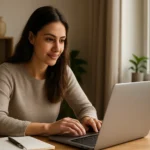 Žena pracujúca na laptopu z pohodlia domova