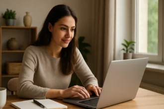 Žena pracujúca na laptopu z pohodlia domova