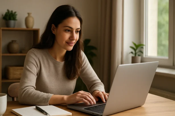 Žena pracujúca na laptopu z pohodlia domova