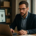 E-commerce manažér pracuje na strategii online predaja s laptopom.