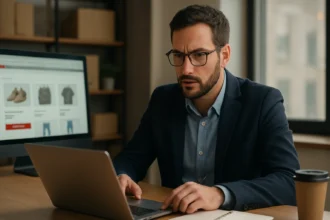 E-commerce manažér pracuje na strategii online predaja s laptopom.