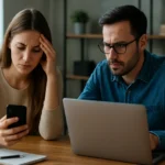 Mladý pár analyzuje social media strategiu na laptopoch