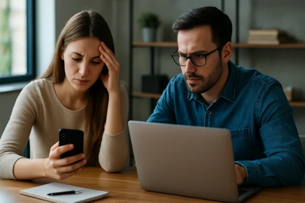 Mladý pár analyzuje social media strategiu na laptopoch
