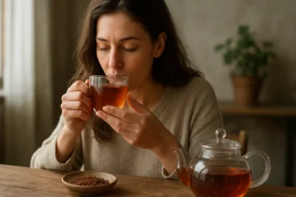 Žena vychutnávajúca si železníkový čaj z čírej sklenenej šálky