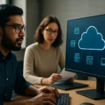 Dvaja odborníci analyzujú cloudové architektúry pri počítači