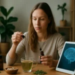 Žena pracuje s bylinnými liekmi a digitálnymi terapiami v alternatívnej medicíne.