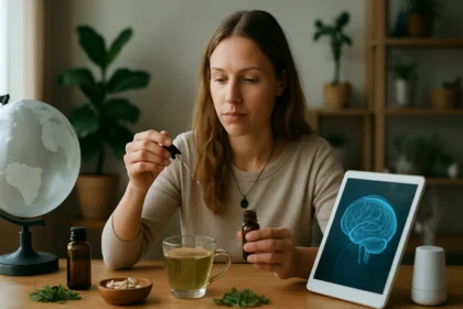 Žena pracuje s bylinnými liekmi a digitálnymi terapiami v alternatívnej medicíne.