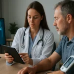 Lekárka ukazuje pacientovi výsledky na tablete počas konzultácie.