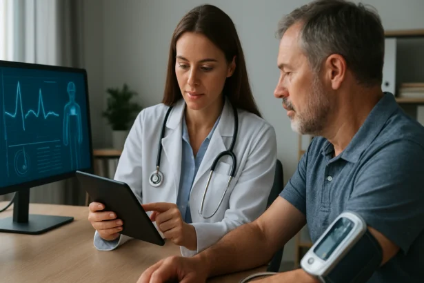 Lekárka ukazuje pacientovi výsledky na tablete počas konzultácie.