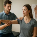Fyzioterapeut pracuje s pacientom na rehabilitácii ramena.