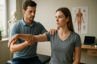 Fyzioterapeut pracuje s pacientom na rehabilitácii ramena.