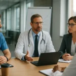 Stretnutie zdravotníckych profesionálov za stolem v nemocnici.