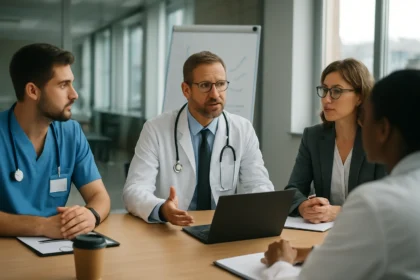 Stretnutie zdravotníckych profesionálov za stolem v nemocnici.