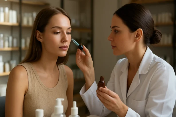 Odborník na kozmetiku aplikuje sérum na pleť modelky.