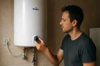 Muž nastavuje teplotu na Hajdu bojleri pre efektívny ohrev vody.