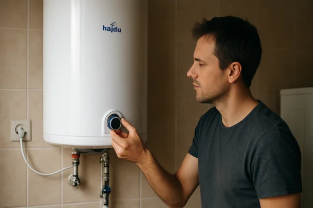 Muž nastavuje teplotu na Hajdu bojleri pre efektívny ohrev vody.