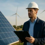 Odborník na obnoviteľné zdroje energie pred solárnymi panelmi a veternými turbínami.