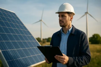 Odborník na obnoviteľné zdroje energie pred solárnymi panelmi a veternými turbínami.