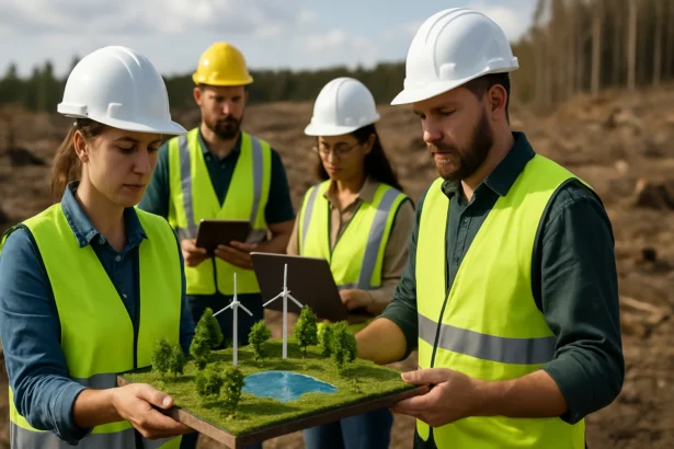 Tím environmentálnych inžinierov prezentuje udržateľné riešenia.