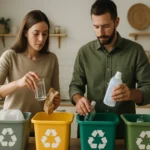 Pár triedi odpad v domácnosti na recykláciu a znižovanie odpadu.