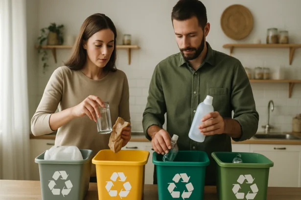 Pár triedi odpad v domácnosti na recykláciu a znižovanie odpadu.