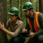 Lesní inžinieri skúmajú strom v lese.